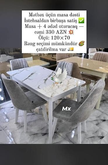 Mətbəx üçün, Yeni, Açılmayan, Dördbucaq masa, 4 stul