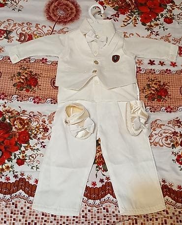 Ağ rəngli körpə oğlan üçün dəst: - Uzunqol klassik köynək - Qızılı