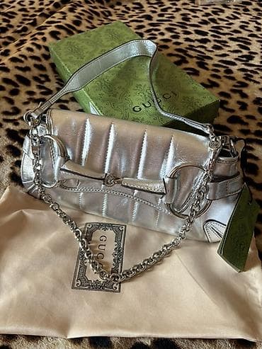 converse canta: GUCCI omba çantası – gümüşü metallik dəri, Horsebit/bit detallar ilə — 3