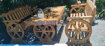 sabalıd: Bağ üçün taxta dəst – 1 stol + 2 skamya - Material: tam ağac (təbii — 2