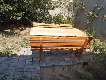 işlenmiş stol: Bağ üçün taxta mebel dəsti - Tərkib: 1 ədəd düzbucaqlı stol və 2 ədəd — 3