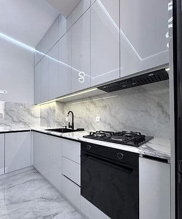 maskura nedir: Mətbəx mebel dəsti – müasir “L” planlama, bozumtul yüksək parlaq — 4