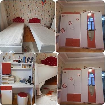 carpayi setkasi: Qız üçün, İşlənmiş, 2 təknəfərlik çarpayı, Yazı masası, Dolab, Tumba — 1