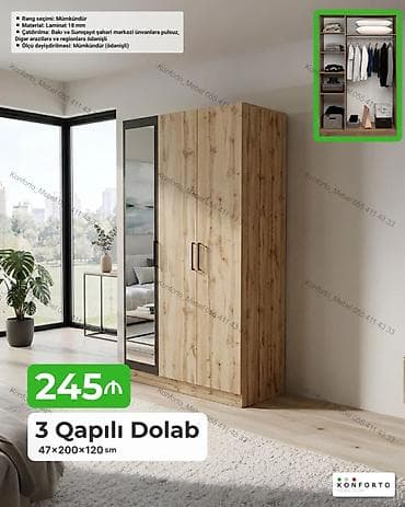 3 qapılı paltar dolabı – 47×200×120 sm - Material: 18 mm laminat - — 1