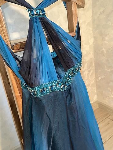 qedimi qol saati: Vintage Yves Calin embellished mesh maxi dress in deep ocean blue — 5