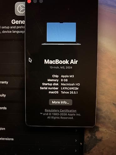 Macbook M3 256 gb, 100% pil. Tam ideal veziyyetde, hec bir problemi — 2