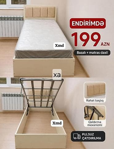Bazalı tək nəfərlik çarpayı dəsti. Komplektə bazalı çarpayı və matras