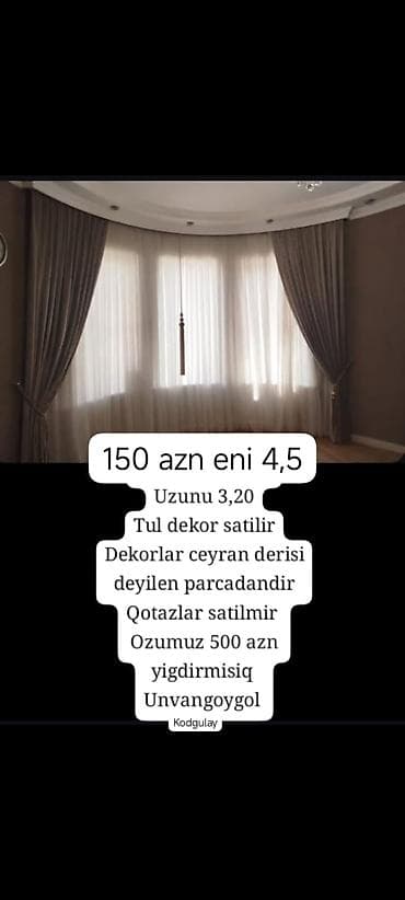 projektör perdesi: Pərdə dəsti – tül və qalın dekor pərdə - Ölçülər: eni 4,5 m, uzunu — 1