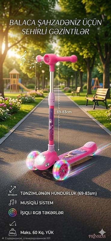 oyun sukanı: Uşaq skuteri – musiqili, LED işıqlı, tənzimlənən - Hündürlük: 69–83 — 1