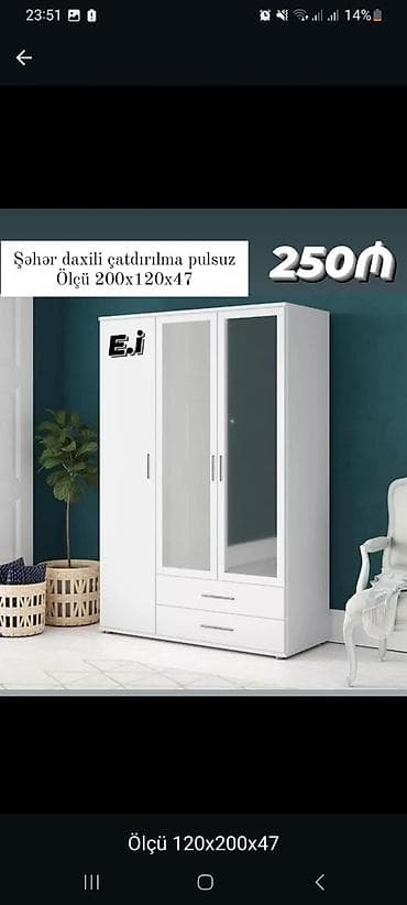 Ağ rəngli 3 qapılı paltar dolabı - Ölçü: 200 x 120 x 47 sm (ölçü
