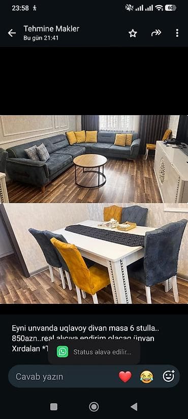 Eyni unvanda uqlavoy divan masa 6 stulla. 850azn. real alıcıya — 1
