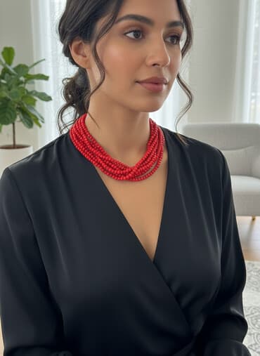 gümüş boyunbag: Qırmızı çoxsıralı boyunbağı - Parlaq qırmızı, fasetli şüşə/kristal — 1