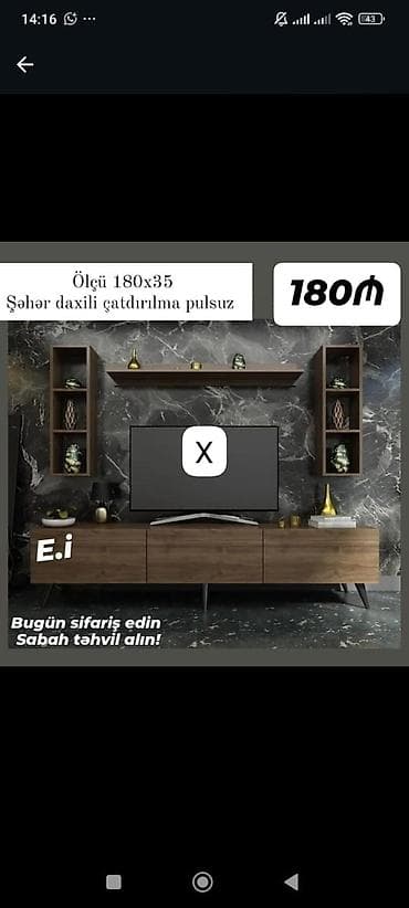 divar kitab refleri: TV stend və divar rəfləri dəsti - Ölçü: 180 x 35 sm (stendin ön — 1