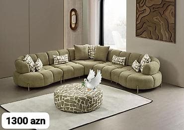 puf divan: Mebel dəsti – yumşaq teksturalı, zeytun-yaşıl rəngdə modul künc divan — 1