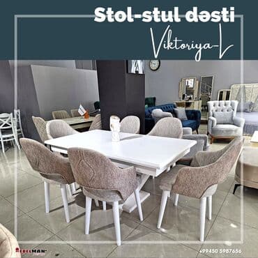 Masa və oturacaq dəstləri: Qonaq otağı üçün, Yeni, Açılan, Dördbucaq masa, 6 stul — 3