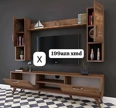 taxta ref: TV stendi və asma raf dəsti - Material: taxta teksturalı laminat/MDF — 1