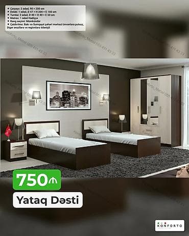 Yataq Dəsti – 750 AZN Komplektə daxildir: - Çarpayı: 2 ədəd, 90 x 200 — 1
