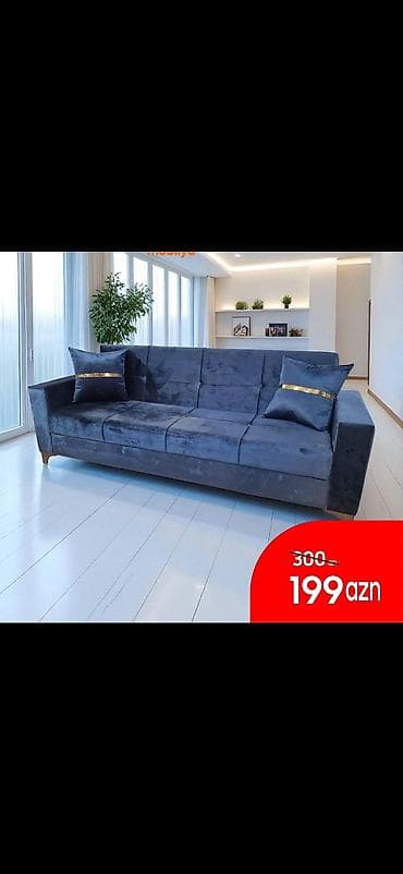 Mavi rəngli, müasir dizaynlı 3-yerlik divan - Parlaq məxməri parça
