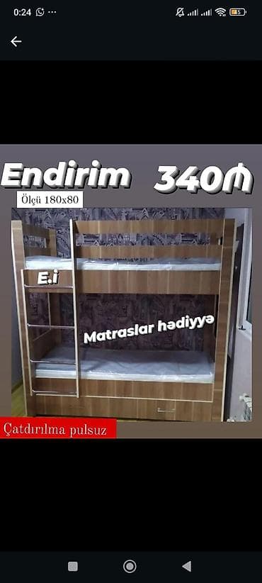 matras alti: İki mərtəbəli çarpayı – endirimlə 340₼ - Ölçü: 180 x 80 - Materaslar — 1