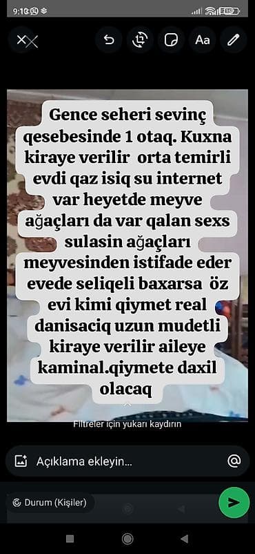 xocasən ev: Gəncə şəhəri, Sevinç qəsəbəsində 1 otaqlı ev Mətbəx kirayə verilir — 1