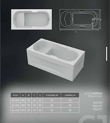 tulpan hamam ucun: Yeni Vanna, Akril, 120x70 sm, Ödənişli çatdırılma — 2