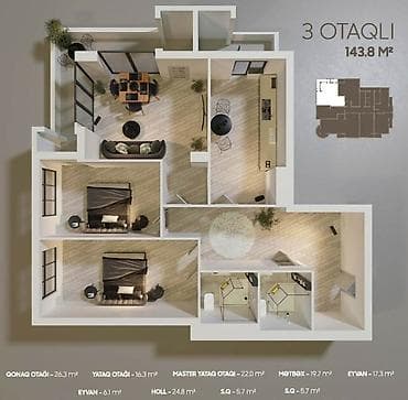 studio menziller: 3 otaqlı, Yeni tikili, 144 kv. m — 3
