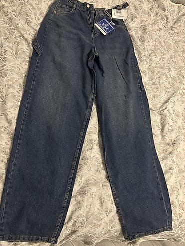 M razmer Uniseks işçi tərzli geniş kəsimli cins şalvar - Rəng: orta