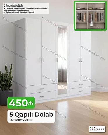 dolab skaf: 5 qapılı paltar dolabı – 47×200×200 sm - Material: 18 mm laminat - — 1