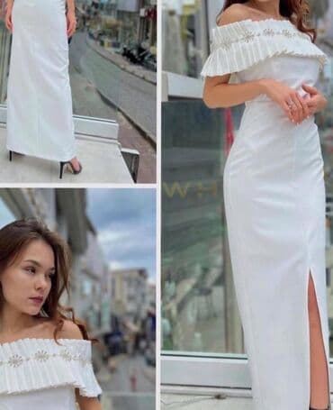 Ağ rəngli uzun ziyafət/nişan libası - Model: çiyinləri açıq