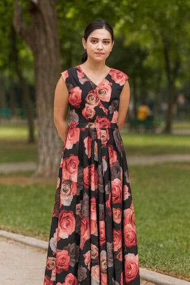 Qadın paltarı – maxi uzunluq, dirsəküstü qolsuz dizayn. - Qara fon