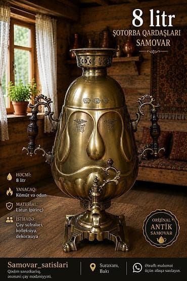 8 litr “Şotorba Qardaşları” samovar Xüsusiyyətlər: - Həcm: 8 litr - — 1