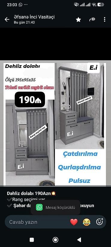 *Dəhliz dolabı 190Azn💥* ✔️Rəng seçimi var ✔️ *Şəhər daxili Çatdırılma — 1