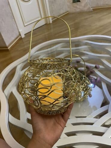 şam aqaci: Qızılı rəngdə dekorativ şam fanarı – 2 ədəd set - Material: metal — 2