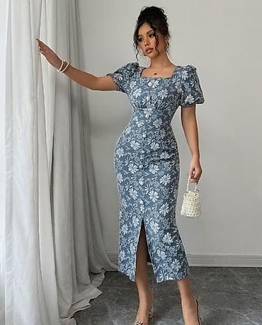 don: Güllü naxışlı midi don - Rəng: boz-mavi fon üzərində ağ çiçək printi — 1