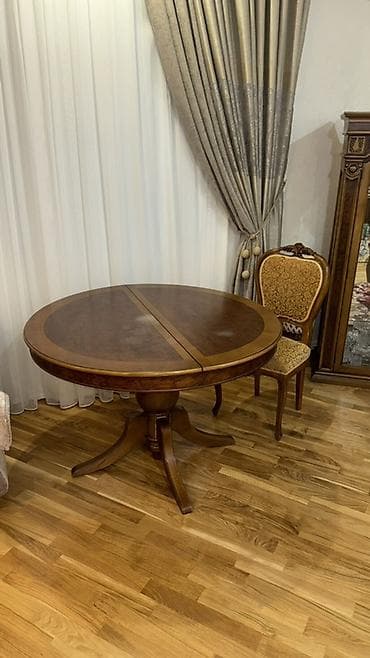qapi taxta: Klassik üslubda açılıb-bağlanan dairəvi/oval yemək masası və 8 — 2