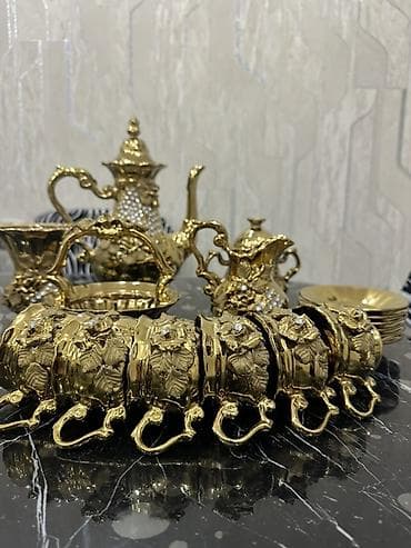 tom xrustal qablar: Çay dəsti, rəng - Qızılı, Metal, 6 nəfərlik — 1