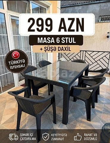 merbex masa: Məhsul: Masa və 6 ədəd stul dəsti (şüşə daxil) Təsvir: - 1 ədəd — 1