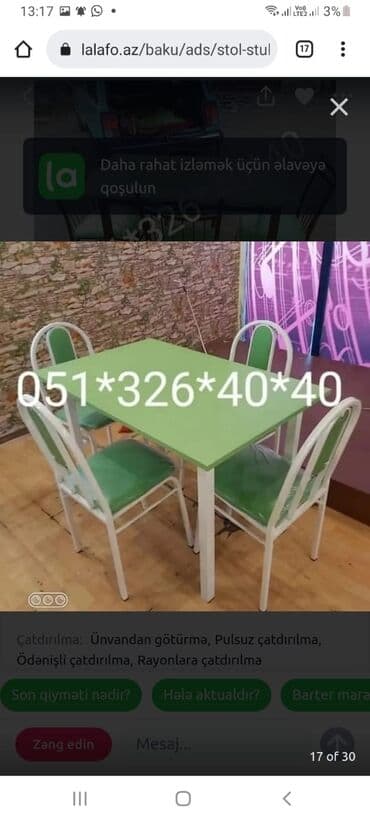 naxcivan bina evleri: Yeni, Dördbucaq masa, 6 stul, Açılan, Stullar ilə, Metal, Azərbaycan — 8