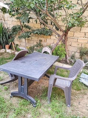ucuz stol stullar: Bağ üçün plastik stol və stul dəsti
Dəstə daxildir: 1 stol və 3 stul — 4
