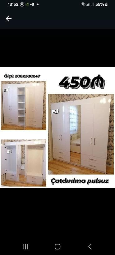 Ağ rəngli 4 qapılı şkaf - Ölçü: 200x200x47 sm - Ön hissədə böyük güzgü at lalafo.az Ağ rəngli 4 qapılı şkaf - Ölçü: 200x200x47 sm - Ön hissədə böyük güzgü