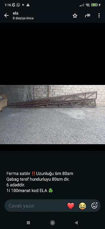 sifer satisi: Ferma konstruksiyaları satılır. - Növ: metal truss (ferma) karkas - — 1
