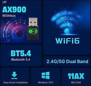 bakcel internet: AX900 + BT5.4 USB Wi‑Fi Bluetooth Adapter Xüsusiyyətlər: - Wi‑Fi 6 — 2