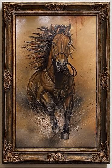 Orijinal yağlı boya tablo – “Qaçan At” - Çərçivə: qədim görünüşlü