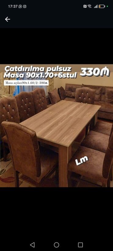 laminat qiyməti: Qonaq otağı üçün, Yeni, Açılan, Dördbucaq masa, 6 stul — 24