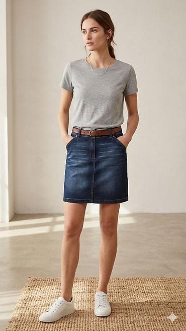 Denim ətək – tünd göy, mini/orta uzunluq. Xüsusiyyətlər: - Kəsim
