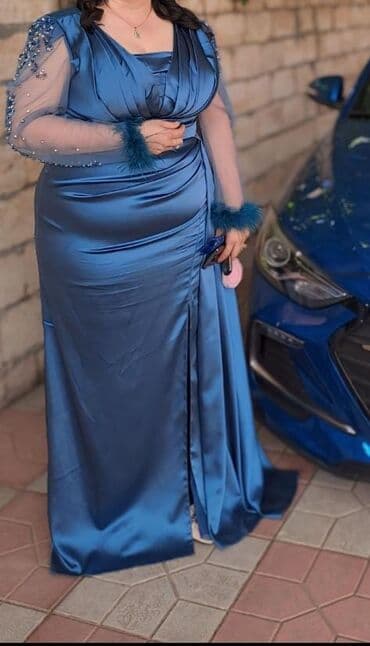 cins paltar modelleri: Göy atlas ziyafət donu satılır. Xanım artıq çəki verdiyinə görə paltar — 4