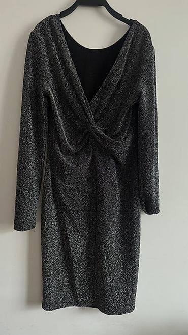 Qara-gümüş parıltılı ziyafət donu - Model: uzun qollu, dizə yaxın