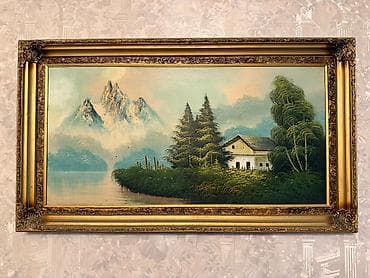 Yağlı boya tablo – klassik qızılı çərçivə ilə - Mövzu: dağ mənzərəsi