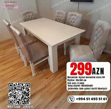 Qonaq otağı üçün, Yeni, Açılan, Dördbucaq masa, 6 stul