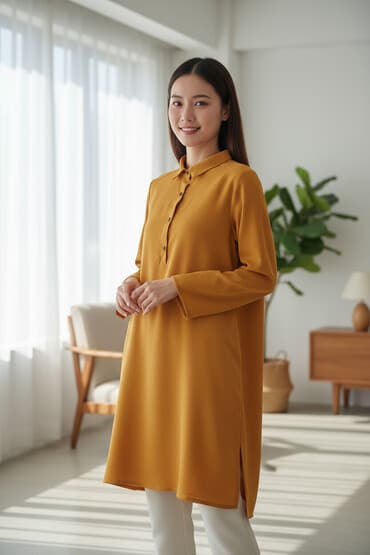 женские трикотажные туники: Hardal rəngli qadın tunik köynək - Model: düz kəsim, dizə yaxın — 1